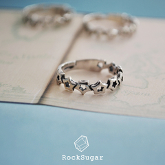 RockSugar925纯银做旧仿古镂空满天星星复古简约开口戒指环女