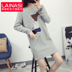 莱娜斯2016秋冬新款韩版学生绣花女中长款加绒长袖卫衣T恤打底衫