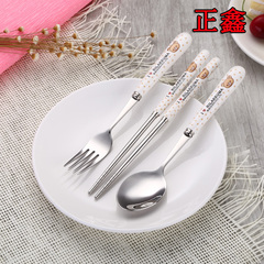 正鑫304不锈钢陶瓷便携餐具盒套装勺子筷子叉子 学生餐具三件套