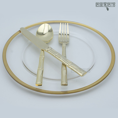 不锈钢高档刀叉勺 西餐具3件套 样板房别墅餐具 金色竹枝刀叉勺