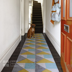 浅蓝色纯羊毛地毯卧室床边几何方块形黄色现代感客厅茶几走廊长条
