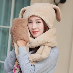 韩国冬季保暖女双层毛绒围脖可爱加厚毛线围巾连帽子手套三件一体