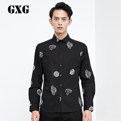 GXG男装衬衣 冬季 男士修身长袖衬衫 黑色印花休闲衬衫64803511
