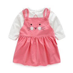 秋装女童背带裙套装女宝宝纯棉小兔子背心裙 娃娃领T恤粉色两件套