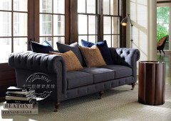 美式乡村三人沙发欧式复古棉麻布艺拉扣样板房客厅会所沙发设计师