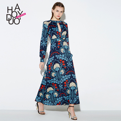 Haoduoyi2016春装新款 欧美复古印花礼服长裙 性感镂空修身连衣裙
