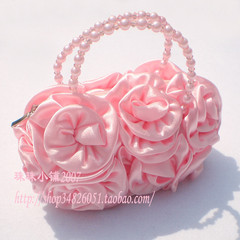 【珠珠小铺】 出口韩国缎面玫瑰花朵珍珠手提包 公主包 3色入
