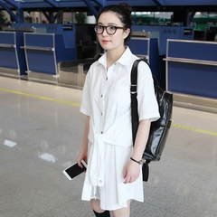 2016夏装新款个性街拍衬衣韩版大码宽松中长款短袖纯棉白衬衫女