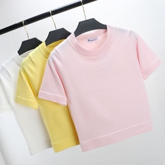 春夏韩版新品圆领短款短袖针织T恤修身纯色高腰套头糖果色打底衫