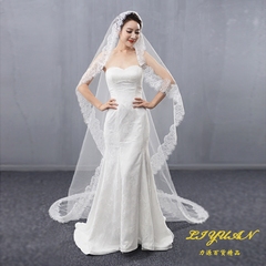 力源正品厂家直销结婚新娘婚纱头纱韩式长款大蕾丝花边米白色配件