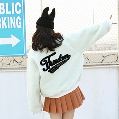 韩版冬季学院风学生刺绣字母羊羔毛棉衣加厚夹棉宽松棒球服外套女