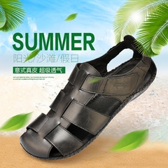 FESDA男士凉鞋 夏季沙滩鞋 男款潮流真皮休闲鞋 手工缝制包头凉鞋