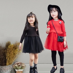 韩国童装秋季儿童连衣裙女童长袖蕾丝网纱拼接公主裙礼服 23456岁
