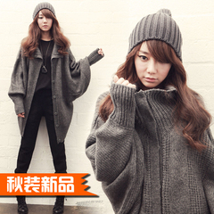 秋装新品 韩版新款女装蝙蝠型长袖扭花高领宽松针织开衫毛衣外套