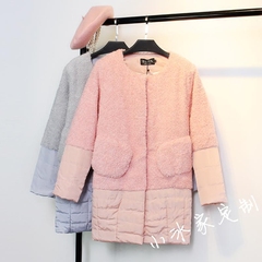 (清)冬装新款羊羔绒拼接假两件圆领棉衣外套中长款棉服女士