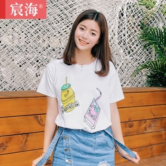 宸海韩版夏季女士宽松T恤饮料图案短袖显瘦圆领短款大码薄款上衣