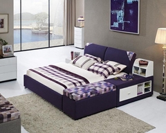 新款布艺床 榻榻米双人床 简约现代带储物软床 1.8米紫色婚床包邮