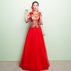 新娘敬酒服2016新款冬季长款中式红色结婚礼服长袖龙凤褂旗袍裙女